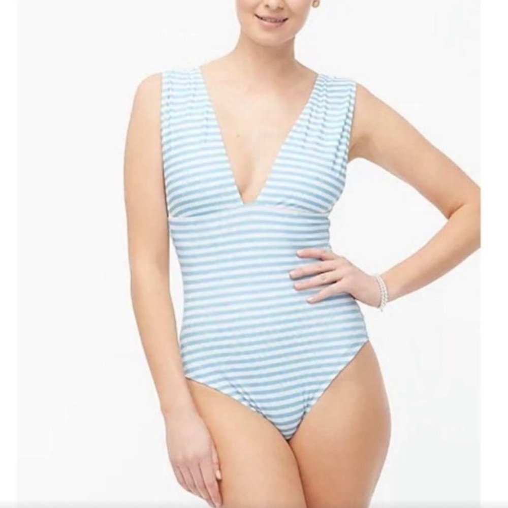 J. Crew One Piece Swimsuit Blue Stripe Plunge V-Neck Size Large